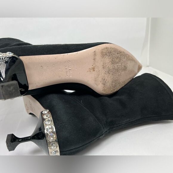 Miu Miu Women's Black Suede Kitten Heel Rhine Stone Sock Boots Size 40 US 10 - Picture 8 of 14